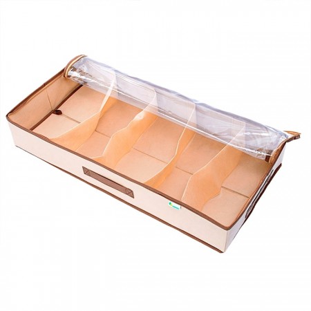Купить Органайзер на 5 пар обуви с жесткими бортами, застегивается на молнию, имеет прозрачную крышку из ПВХ, что позволяет видеть содержимое органайзера. Защищает обувь от пыли и повреждений. Выполнен в универсальной бежево-коричневой расцветке, благодаря 